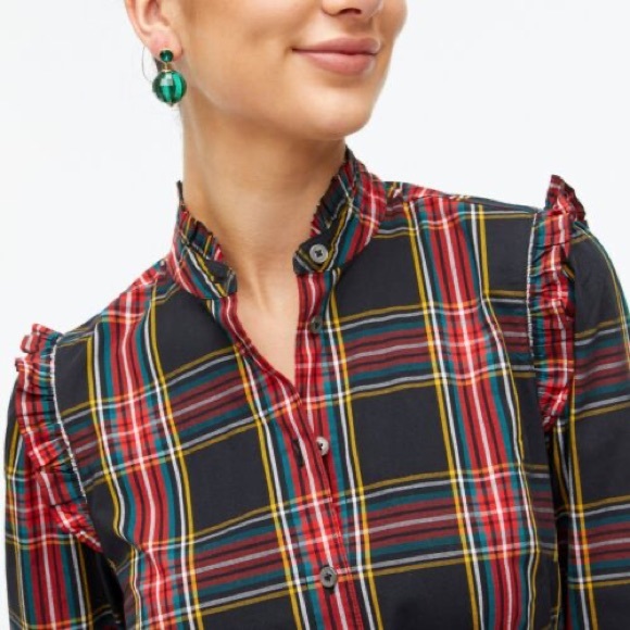 J. Crew Factory Ruffle Neck Shirt Dress Stewart Plaid Size 14 Holiday Christmas - Picture 3 of 13